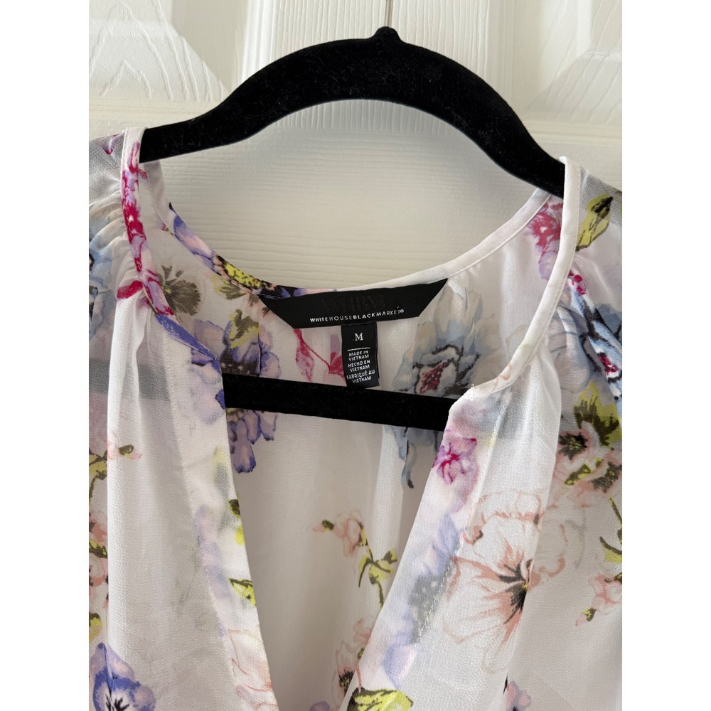 White House Black Market Sheer Floral Border Boho Blouse M Ruffle‎ Sleeve - Picture 4 of 6